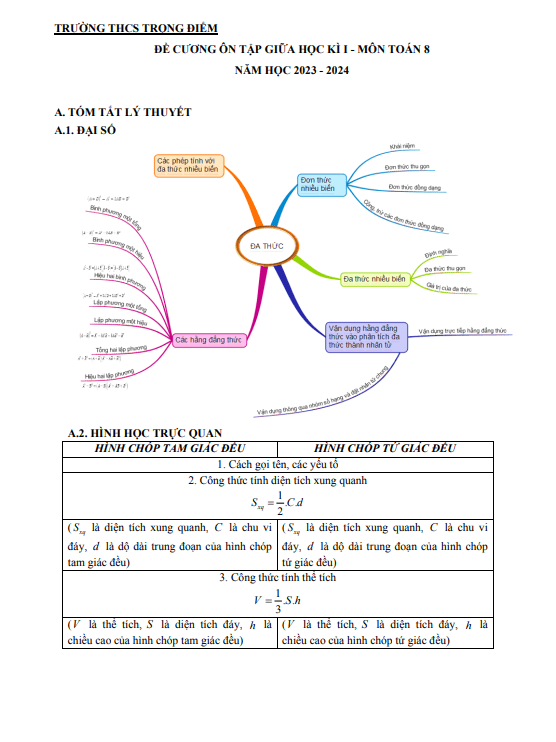 Đề cương giữa kì 1 Toán 8 năm 2023 – 2024 trường THCS Trọng Điểm – Quảng Ninh