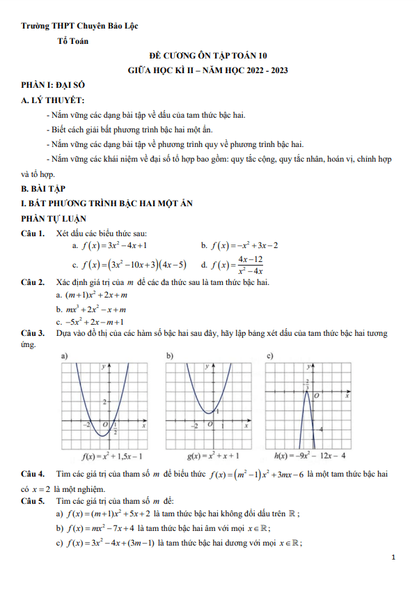 Đề cương giữa kì 2 Toán 10 năm 2022 – 2023 trường chuyên Bảo Lộc – Lâm Đồng