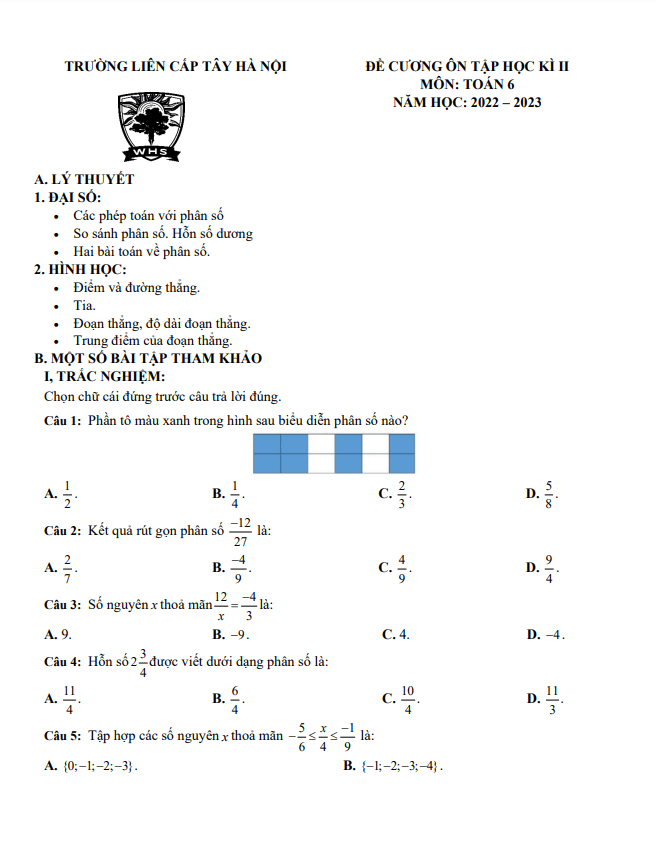 Đề cương giữa kì 2 Toán 6 năm 2022 – 2023 trường TH & THCS Tây Hà Nội