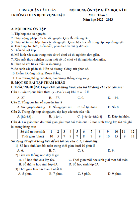 Đề cương giữa kì 2 Toán 6 năm 2022 – 2023 trường THCS Dịch Vọng Hậu – Hà Nội