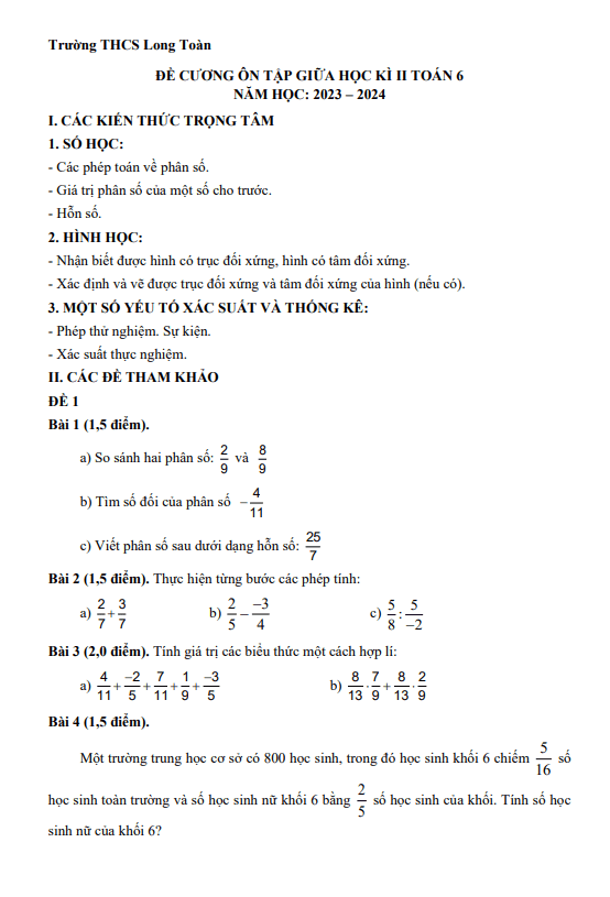 Đề cương giữa kì 2 Toán 6 năm 2023 – 2024 trường THCS Long Toàn – BR VT