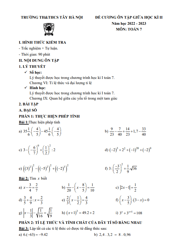 Đề cương giữa kì 2 Toán 7 năm 2022 – 2023 trường TH & THCS Tây Hà Nội
