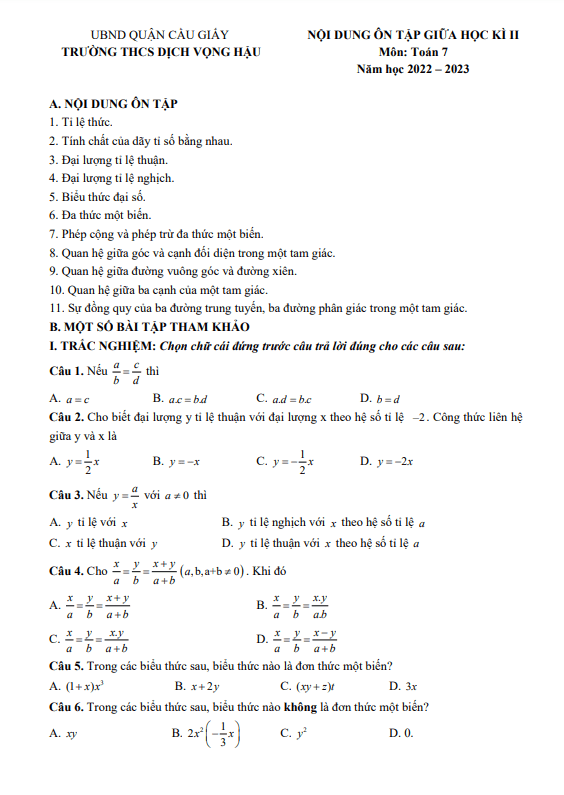 Đề cương giữa kì 2 Toán 7 năm 2022 – 2023 trường THCS Dịch Vọng Hậu – Hà Nội