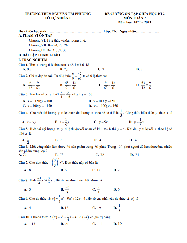 Đề cương giữa kì 2 Toán 7 năm 2022 – 2023 trường THCS Nguyễn Tri Phương – Hà Nội