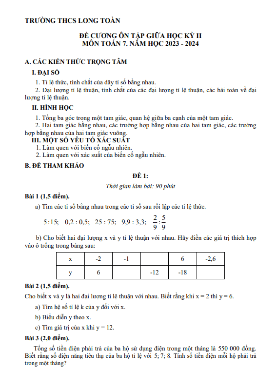Đề cương giữa kì 2 Toán 7 năm 2023 – 2024 trường THCS Long Toàn – BR VT