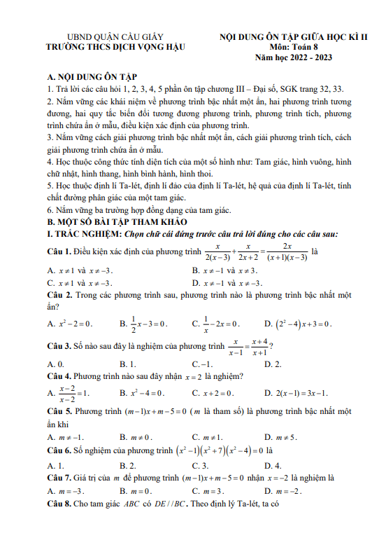 Đề cương giữa kì 2 Toán 8 năm 2022 – 2023 trường THCS Dịch Vọng Hậu – Hà Nội