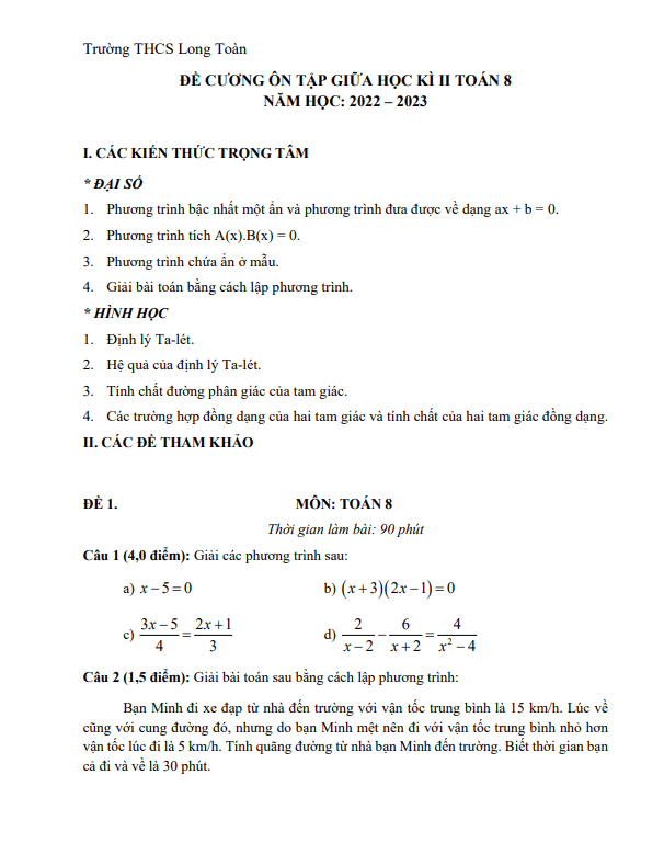 Đề cương giữa kì 2 Toán 8 năm 2022 – 2023 trường THCS Long Toàn – BR VT