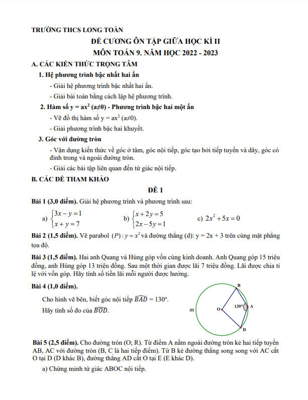 Đề cương giữa kì 2 Toán 9 năm 2022 – 2023 trường THCS Long Toàn – BR VT