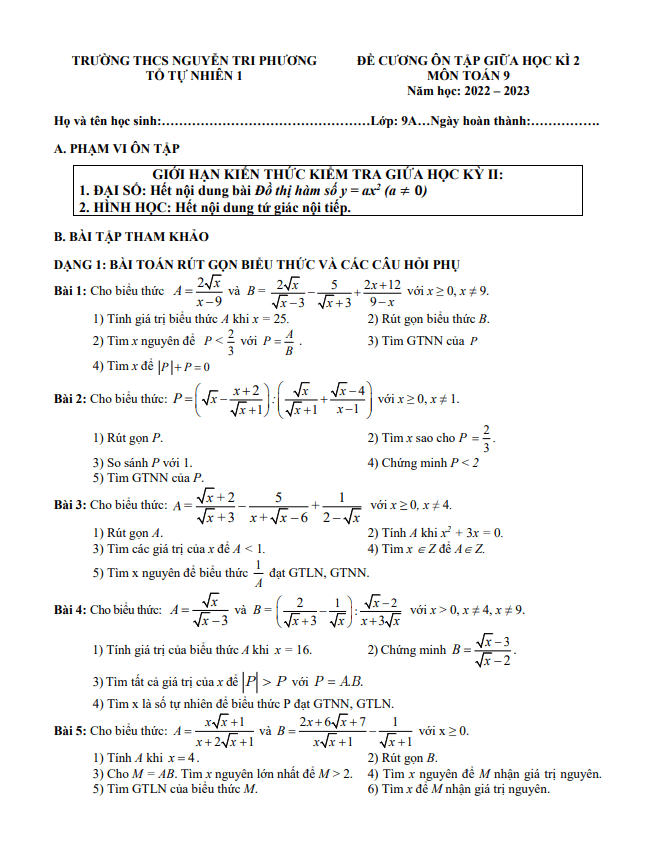 Đề cương giữa kì 2 Toán 9 năm 2022 – 2023 trường THCS Nguyễn Tri Phương – Hà Nội