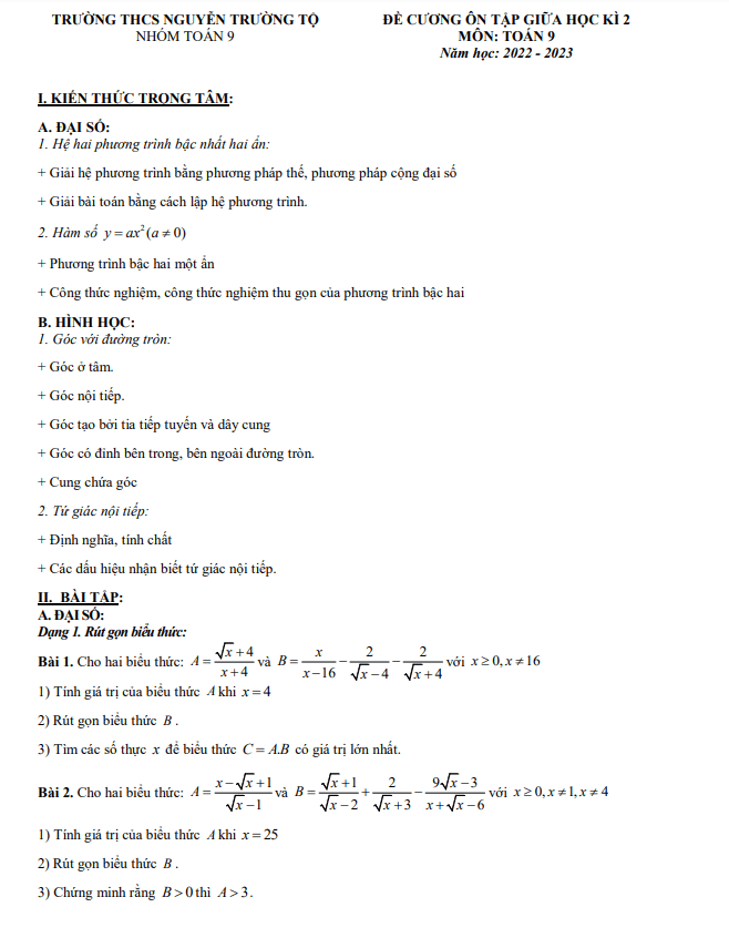 Đề cương giữa kì 2 Toán 9 năm 2022 – 2023 trường THCS Nguyễn Trường Tộ – Hà Nội
