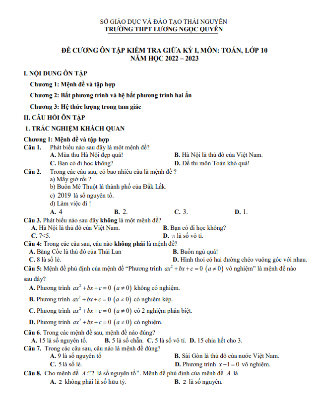Đề cương giữa kỳ 1 Toán 10 năm 2022 – 2023 THPT Lương Ngọc Quyến – Thái Nguyên