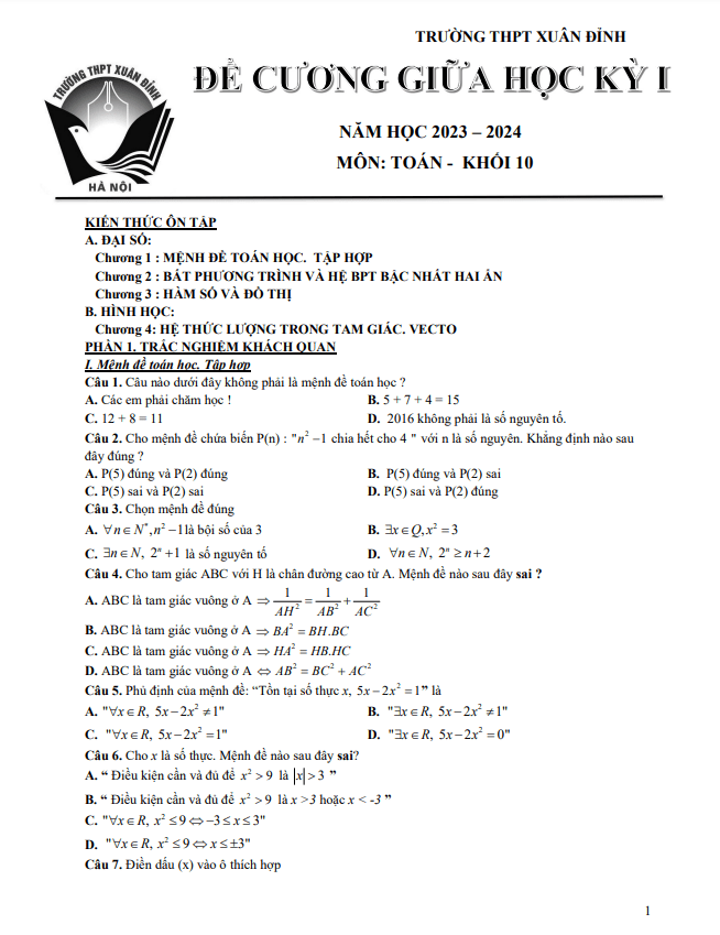 Đề cương giữa kỳ 1 Toán 10 năm 2023 – 2024 trường THPT Xuân Đỉnh – Hà Nội