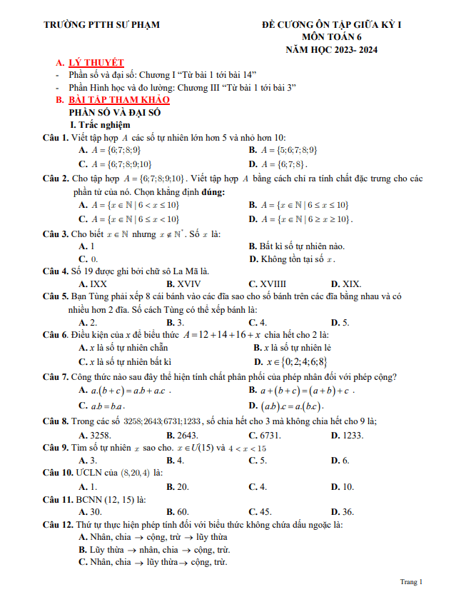 Đề cương giữa kỳ 1 Toán 6 năm 2023 – 2024 trường PT Thực hành Sư phạm – Đồng Nai