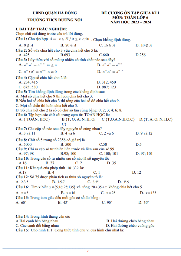 Đề cương giữa kỳ 1 Toán 6 năm 2023 – 2024 trường THCS Dương Nội – Hà Nội