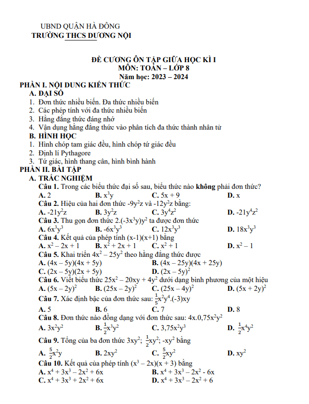 Đề cương giữa kỳ 1 Toán 8 năm 2023 – 2024 trường THCS Dương Nội – Hà Nội