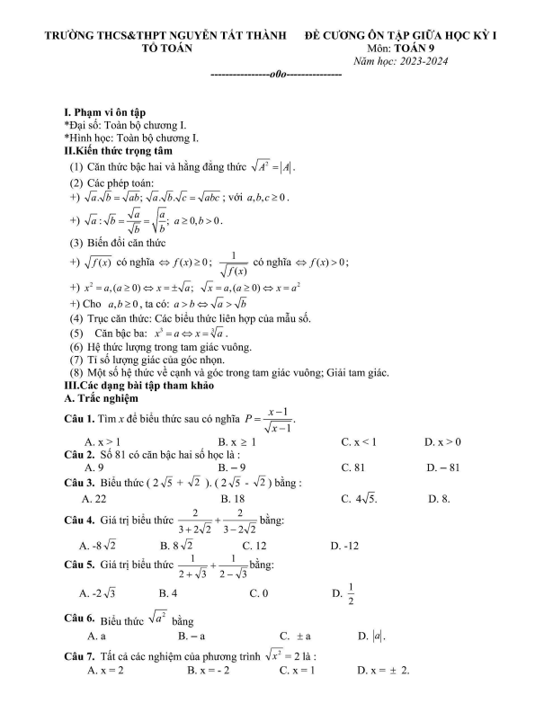 Đề cương giữa kỳ 1 Toán 9 năm 2023 – 2024 trường Nguyễn Tất Thành – Hà Nội