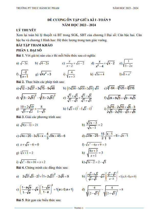 Đề cương giữa kỳ 1 Toán 9 năm 2023 – 2024 trường PT Thực hành Sư phạm – Đồng Nai