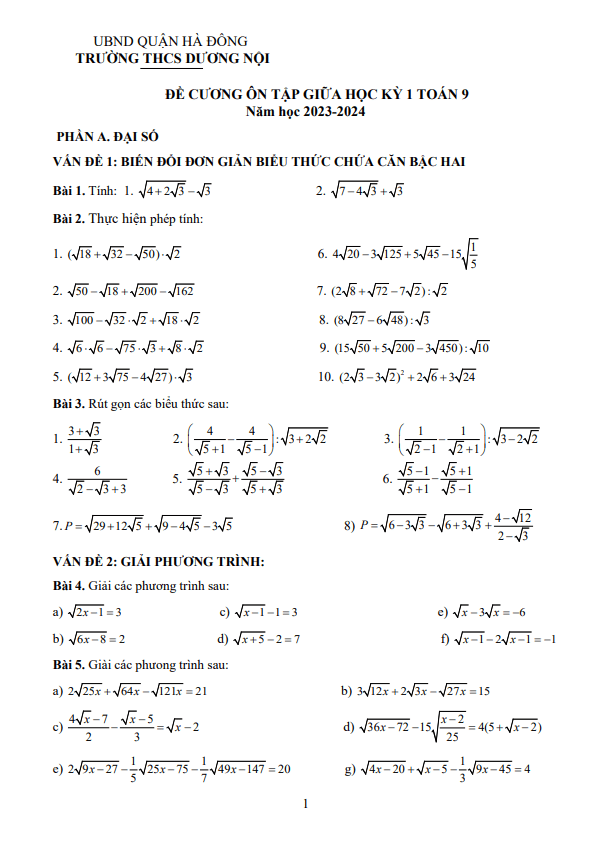 Đề cương giữa kỳ 1 Toán 9 năm 2023 – 2024 trường THCS Dương Nội – Hà Nội