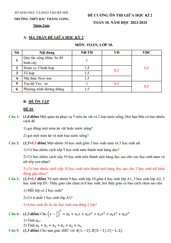 Đề cương giữa kỳ 2 Toán 10 năm 2023 – 2024 trường THPT Bắc Thăng Long – Hà Nội