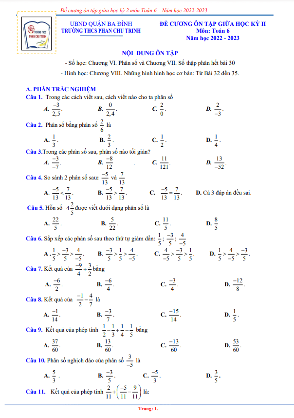 Đề cương giữa kỳ 2 Toán 6 năm 2022 – 2023 trường THCS Phan Chu Trinh – Hà Nội