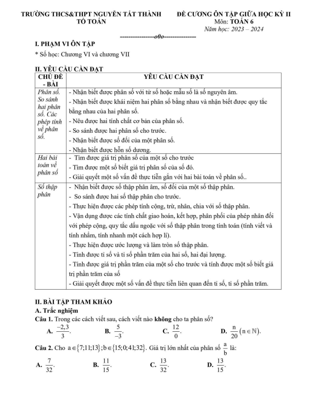 Đề cương giữa kỳ 2 Toán 6 năm 2023 – 2024 trường Nguyễn Tất Thành – Hà Nội