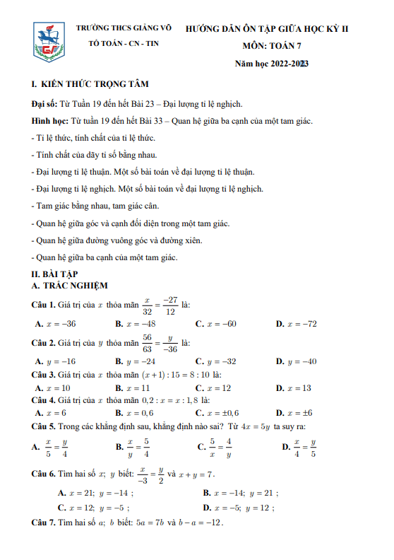 Đề cương giữa kỳ 2 Toán 7 năm 2022 – 2023 trường THCS Giảng Võ – Hà Nội