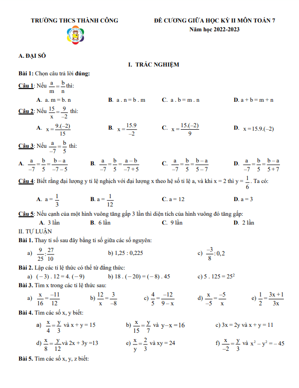 Đề cương giữa kỳ 2 Toán 7 năm 2022 – 2023 trường THCS Thành Công – Hà Nội