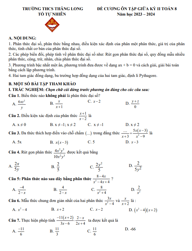 Đề cương giữa kỳ 2 Toán 8 năm 2023 – 2024 trường THCS Thăng Long – Hà Nội