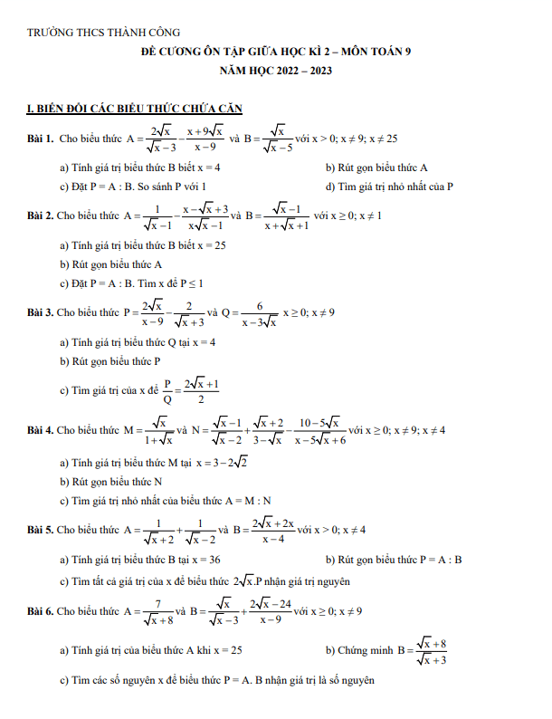 Đề cương giữa kỳ 2 Toán 9 năm 2022 – 2023 trường THCS Thành Công – Hà Nội