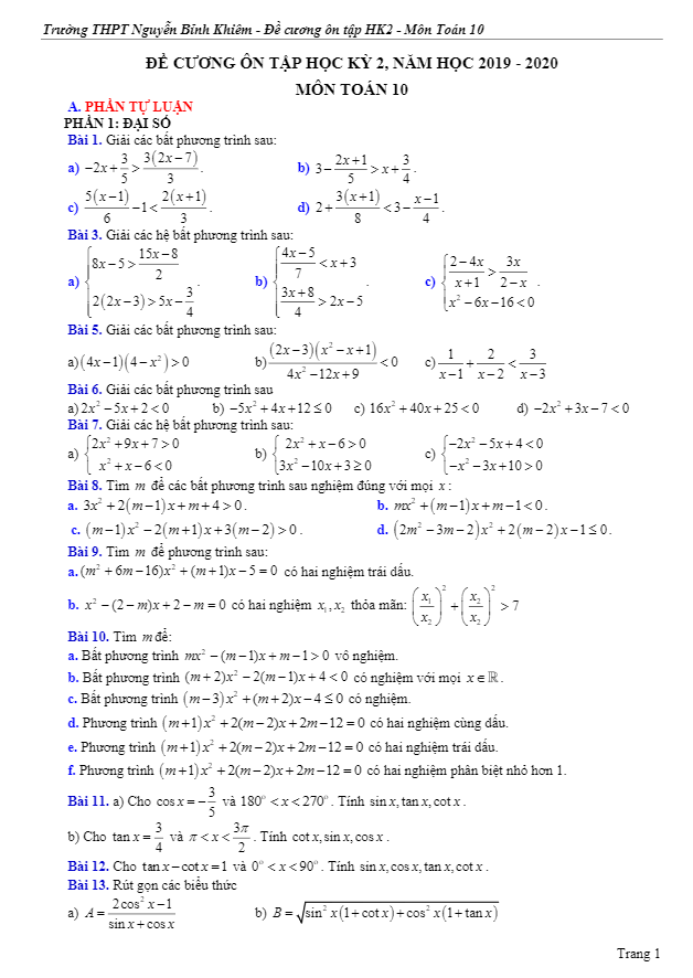 Đề cương HK2 Toán 10 năm 2019 – 2020 trường Nguyễn Bỉnh Khiêm – Gia Lai