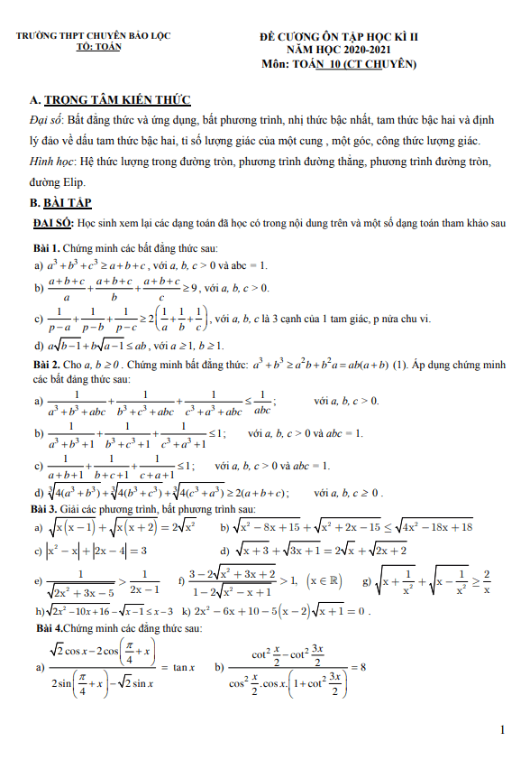 Đề cương HK2 Toán 10 năm 2020 – 2021 trường chuyên Bảo Lộc – Lâm Đồng