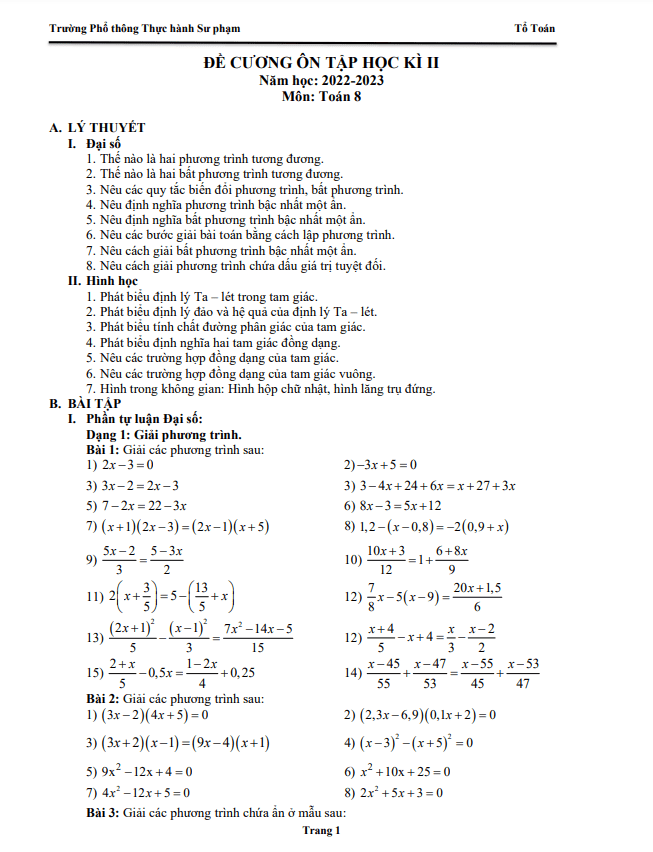 Đề cương HK2 Toán 8 năm 2022 – 2023 trường PT Thực hành Sư phạm – Đồng Nai