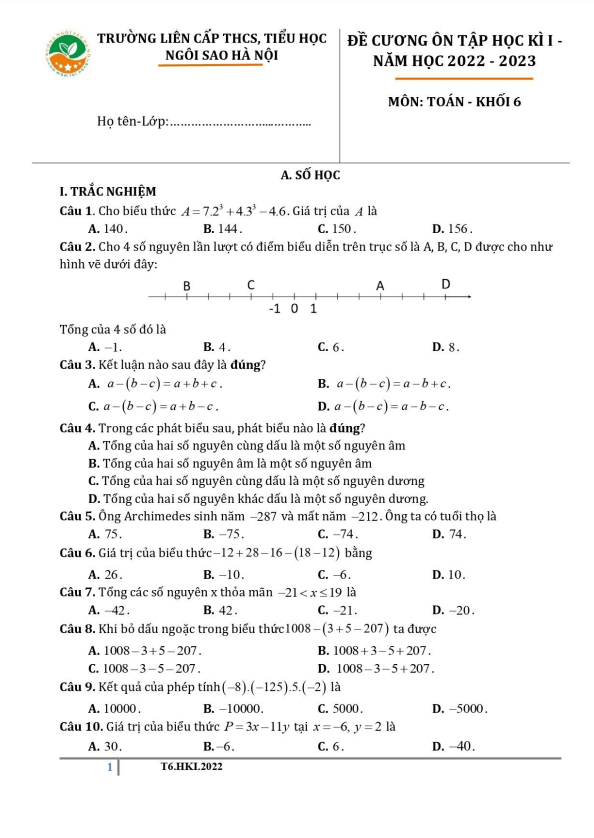 Đề cương học kì 1 Toán 6 năm 2022 – 2023 trường TH & THCS Ngôi Sao Hà Nội