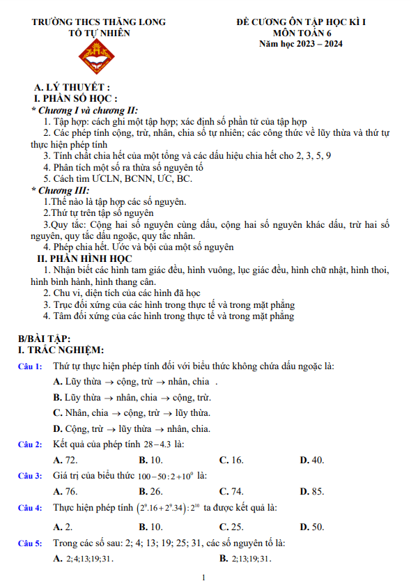 Đề cương học kì 1 Toán 6 năm 2023 – 2024 trường THCS Thăng Long – Hà Nội