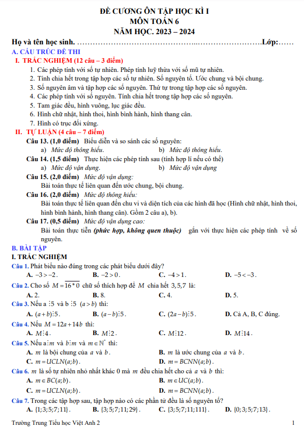 Đề cương học kì 1 Toán 6 năm 2023 – 2024 trường Việt Anh 2 – Bình Dương