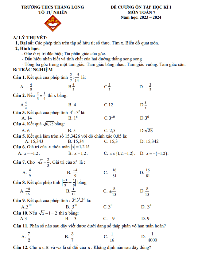 Đề cương học kì 1 Toán 7 năm 2023 – 2024 trường THCS Thăng Long – Hà Nội
