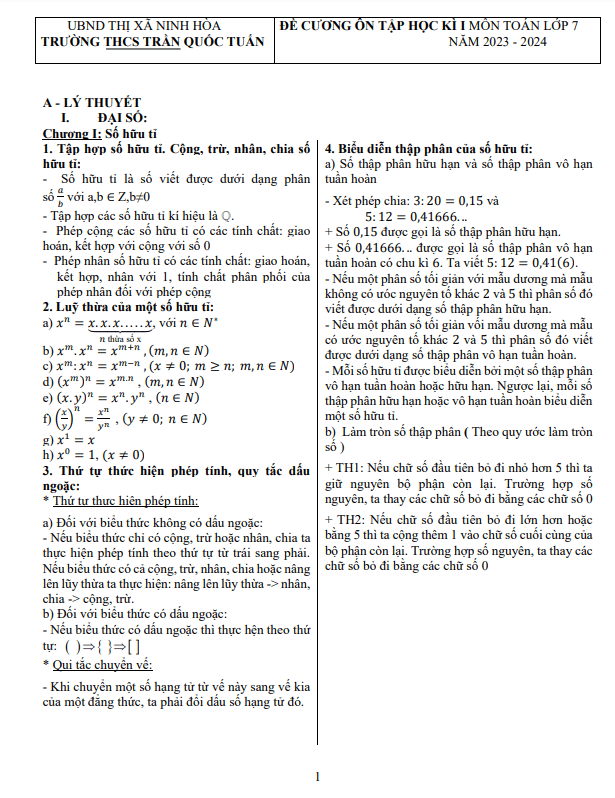 Đề cương học kì 1 Toán 7 năm 2023 – 2024 trường THCS Trần Quốc Tuấn – Khánh Hòa