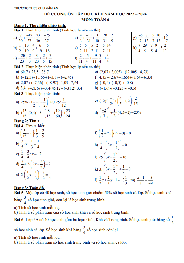Đề cương học kì 2 Toán 6 năm 2023 – 2024 trường THCS Chu Văn An – Hà Nội