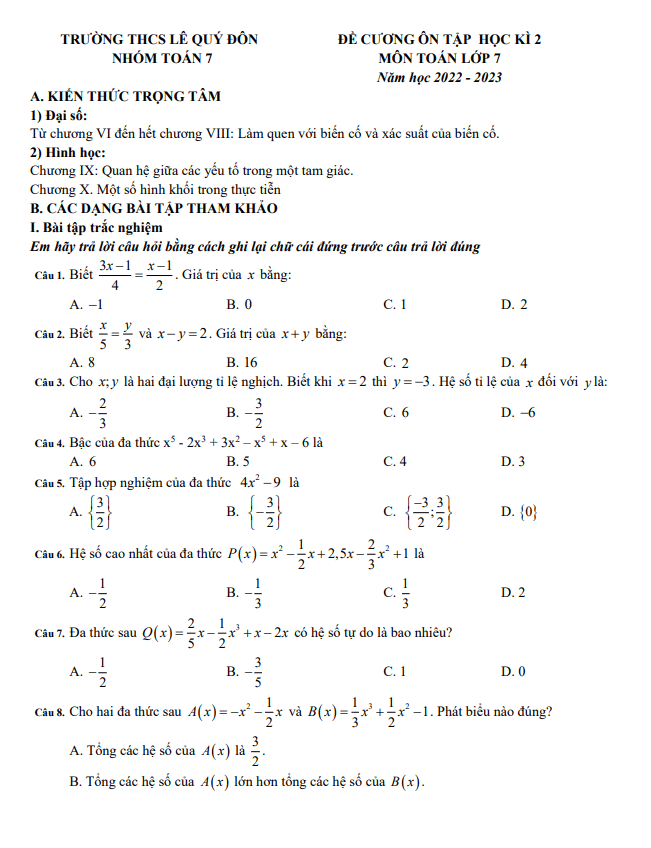 Đề cương học kì 2 Toán 7 năm 2022 – 2023 trường THCS Lê Quý Đôn – Hà Nội