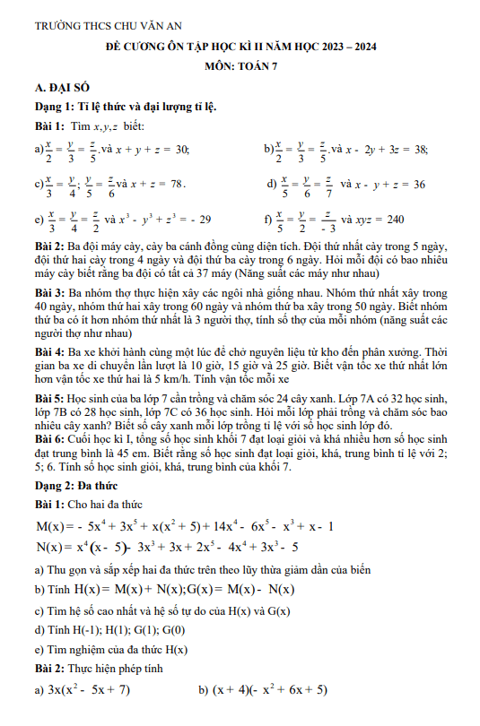 Đề cương học kì 2 Toán 7 năm 2023 – 2024 trường THCS Chu Văn An – Hà Nội
