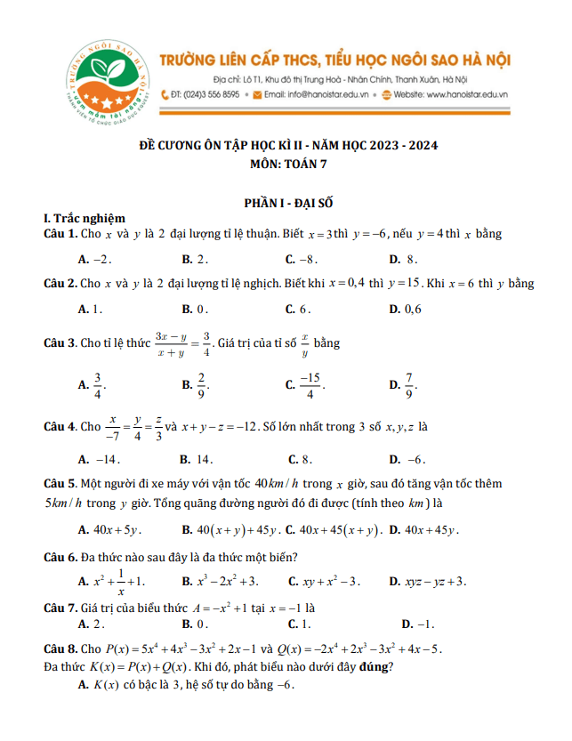 Đề cương học kì 2 Toán 7 năm 2023 – 2024 trường TH&THCS Ngôi Sao Hà Nội