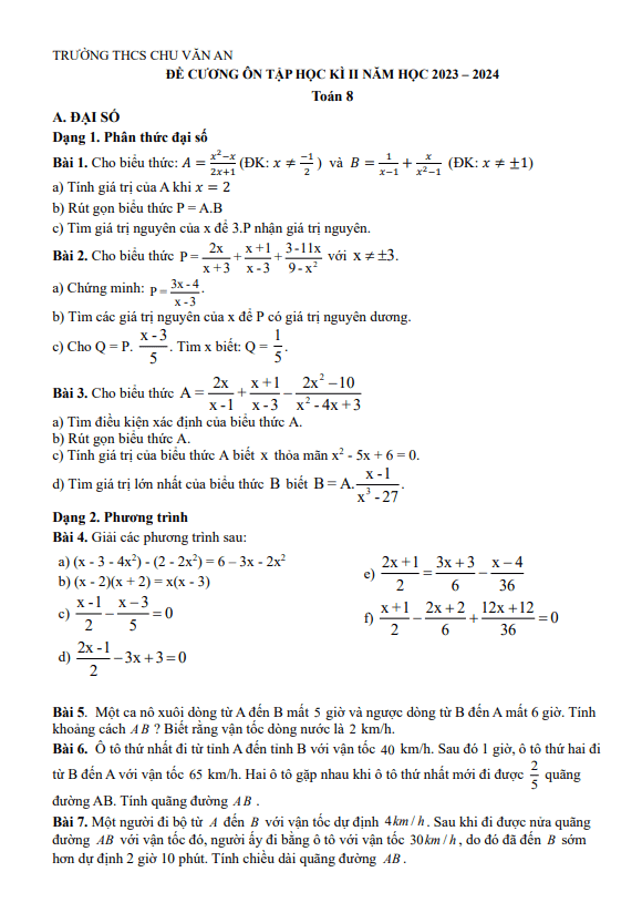 Đề cương học kì 2 Toán 8 năm 2023 – 2024 trường THCS Chu Văn An – Hà Nội