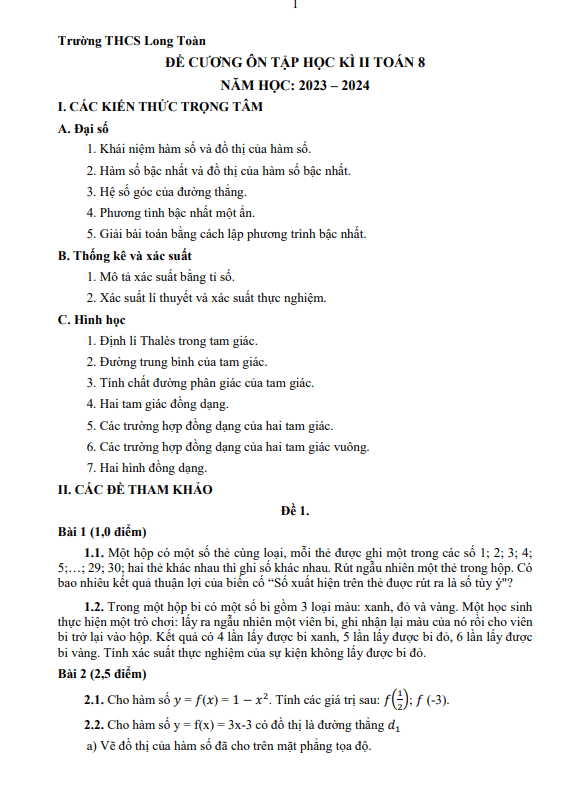 Đề cương học kì 2 Toán 8 năm 2023 – 2024 trường THCS Long Toàn – BR VT