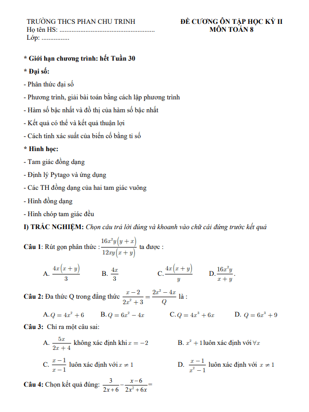 Đề cương học kì 2 Toán 8 năm 2023 – 2024 trường THCS Phan Chu Trinh – Hà Nội