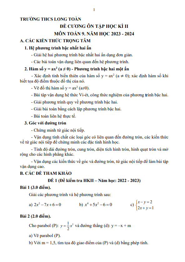 Đề cương học kì 2 Toán 9 năm 2023 – 2024 trường THCS Long Toàn – BR VT