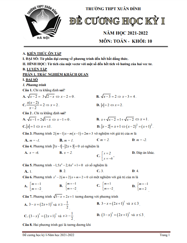 Đề cương học kỳ 1 Toán 10 năm 2021 – 2022 trường THPT Xuân Đỉnh – Hà Nội