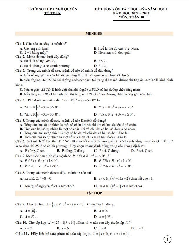 Đề cương học kỳ 1 Toán 10 năm 2022 – 2023 trường THPT Ngô Quyền – Đà Nẵng