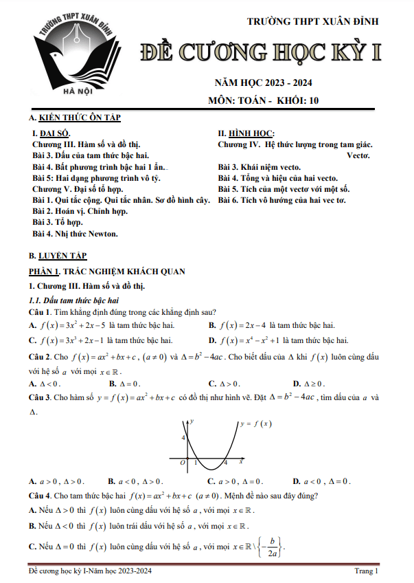 Đề cương học kỳ 1 Toán 10 năm 2023 – 2024 trường THPT Xuân Đỉnh – Hà Nội