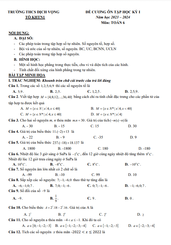 Đề cương học kỳ 1 Toán 6 năm 2023 – 2024 trường THCS Dịch Vọng – Hà Nội