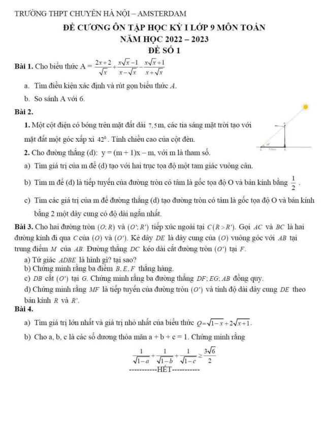 Đề cương học kỳ 1 Toán 9 năm 2022 – 2023 trường chuyên Hà Nội – Amsterdam